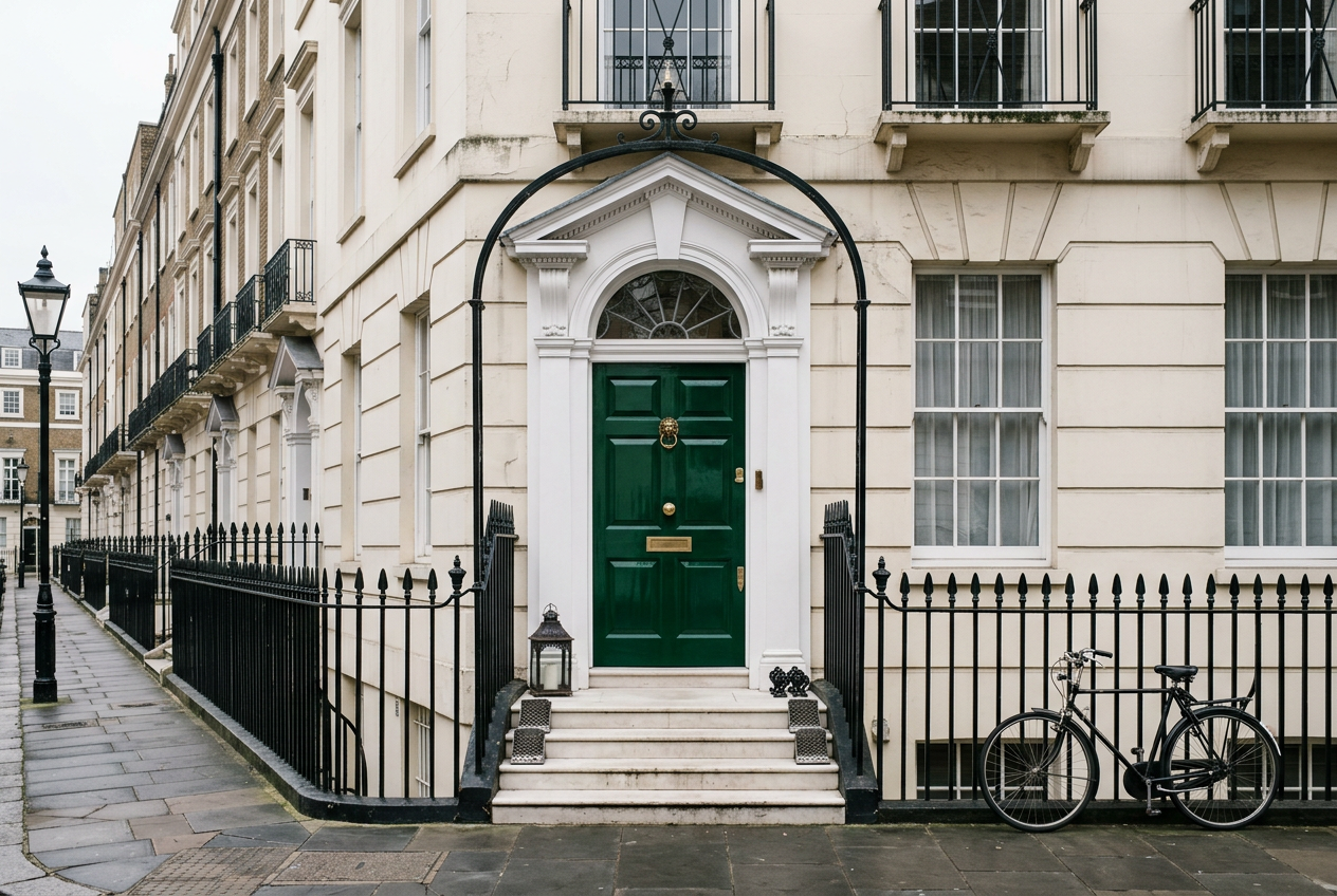 The green front door and brand-light fittings of 10 Harley Street