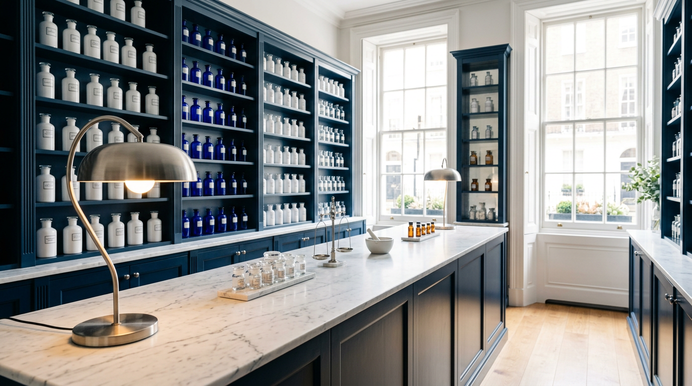 The Medinow dispensary at 10 Harley Street, with navy apothecary cabinetry and a marble counter
