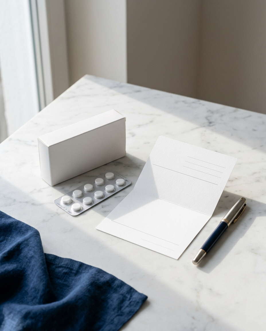 Prescription medication box and pen on an ivory stone surface
