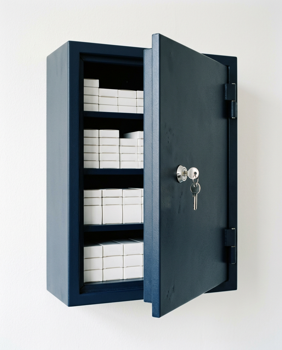 A green steel controlled drugs cabinet with a brand key