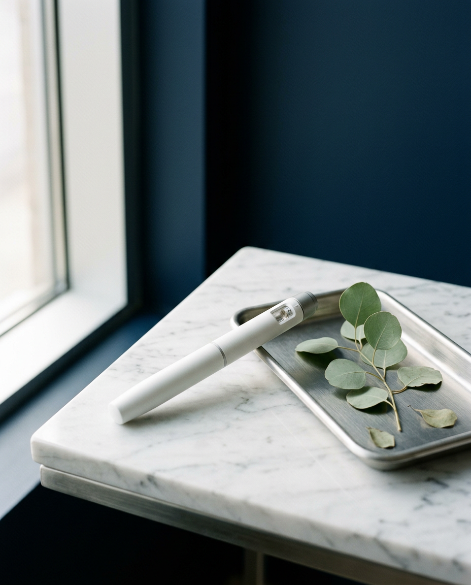 A white injection pen on a marble surface beside a brand tray